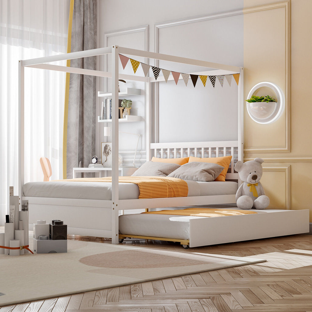 Full Size Canopy Bed Frame with Trundle & Headboard - White