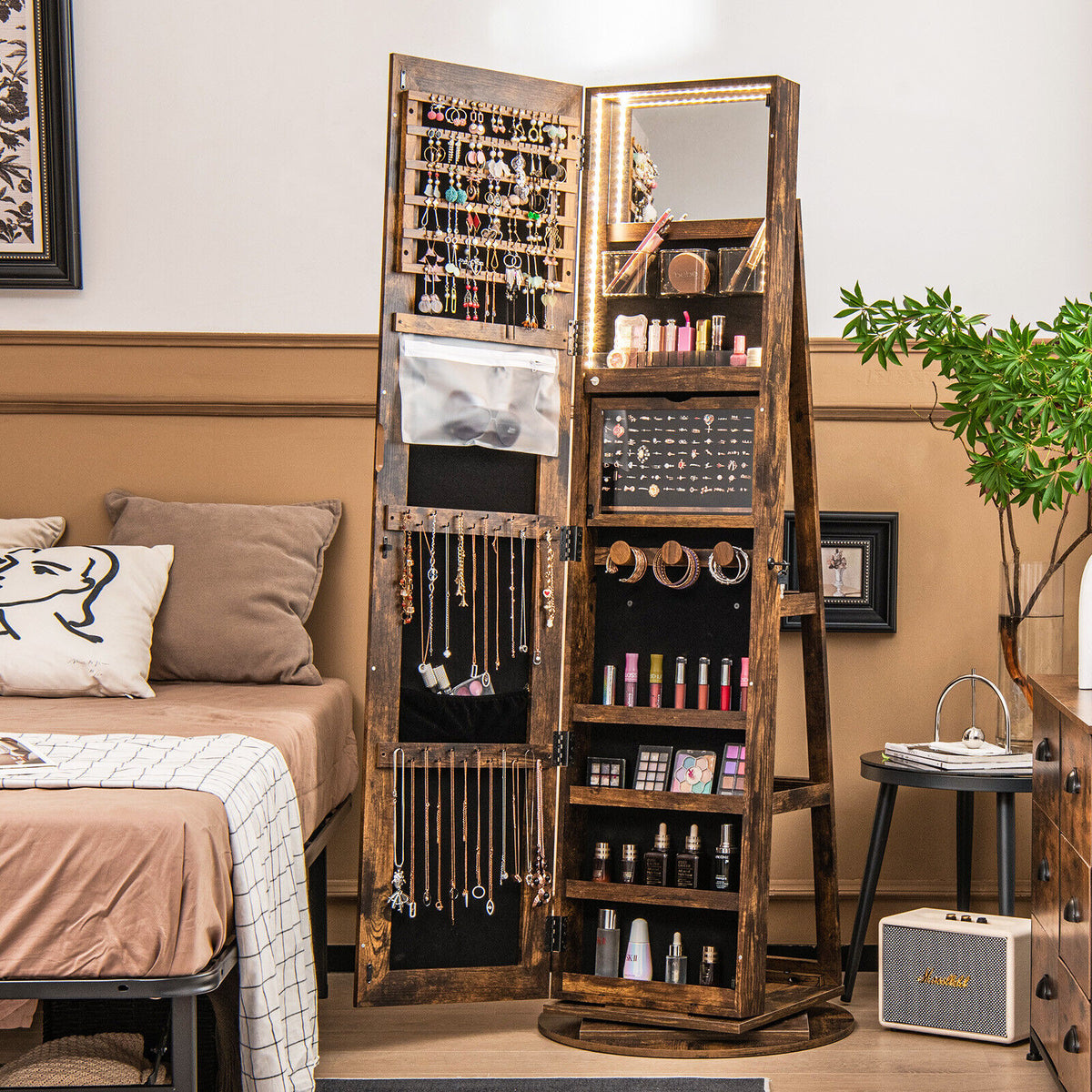 360° Rotating Jewelry Cabinet with Mirror & LED Light - Brown, 5 Shelves
