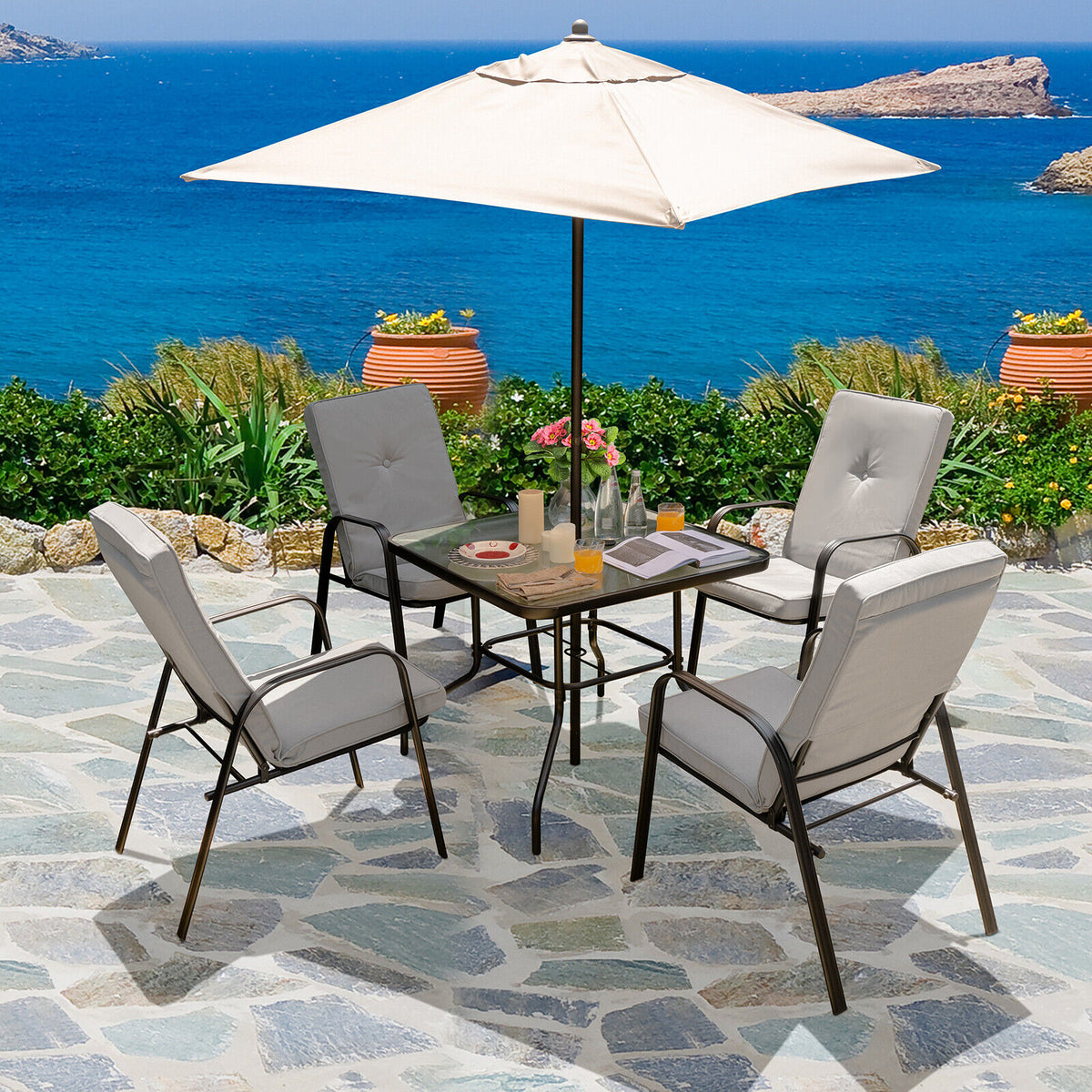 4 Patio Dining Stackable Chairs with High-Back Cushions