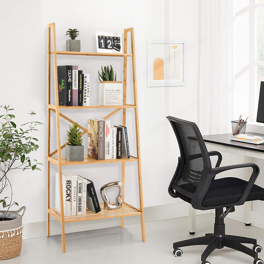 58 Inch 4-Tier Bamboo Ladder Bookshelf