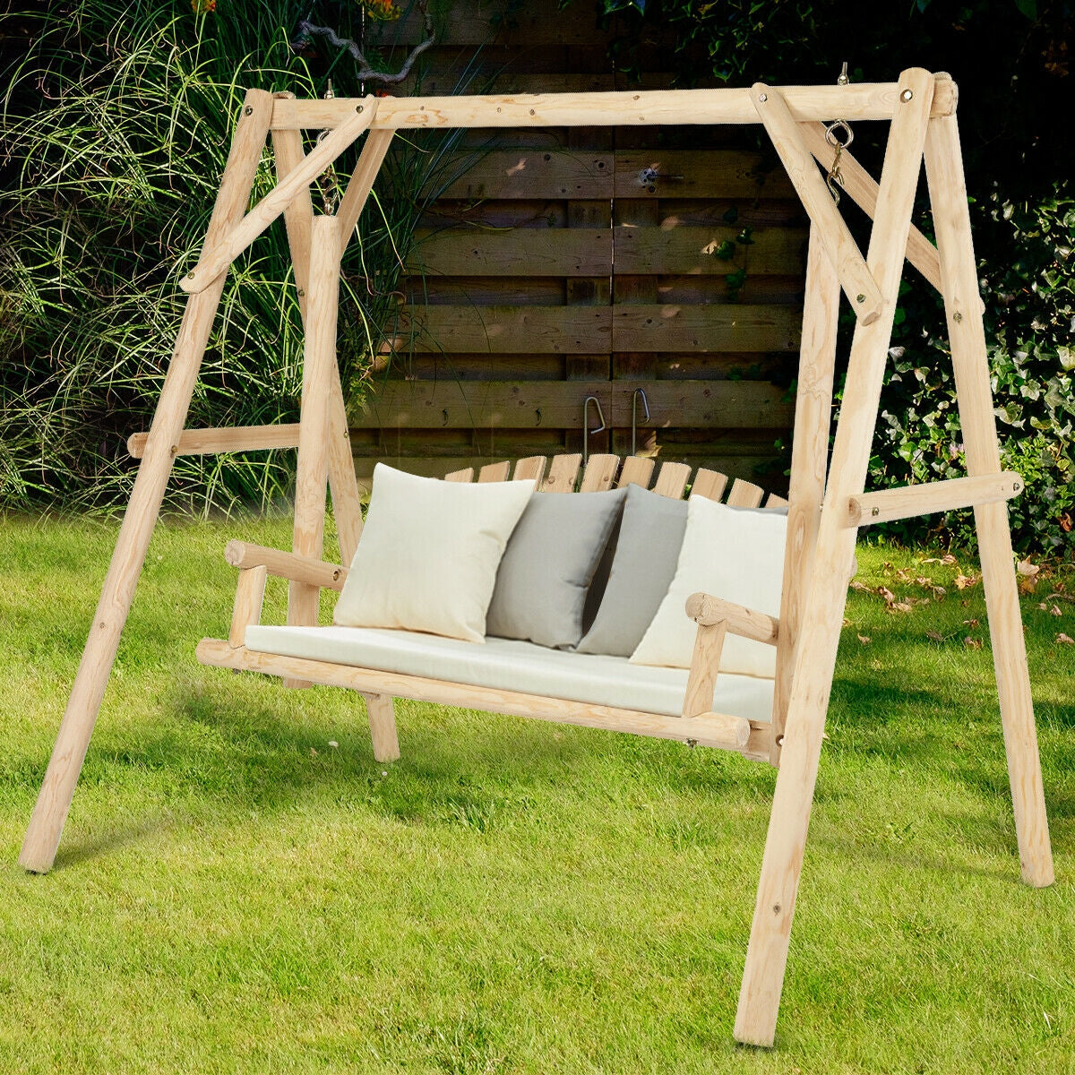 Outdoor Wooden Porch Bench Swing Chair - Rustic Curved Back