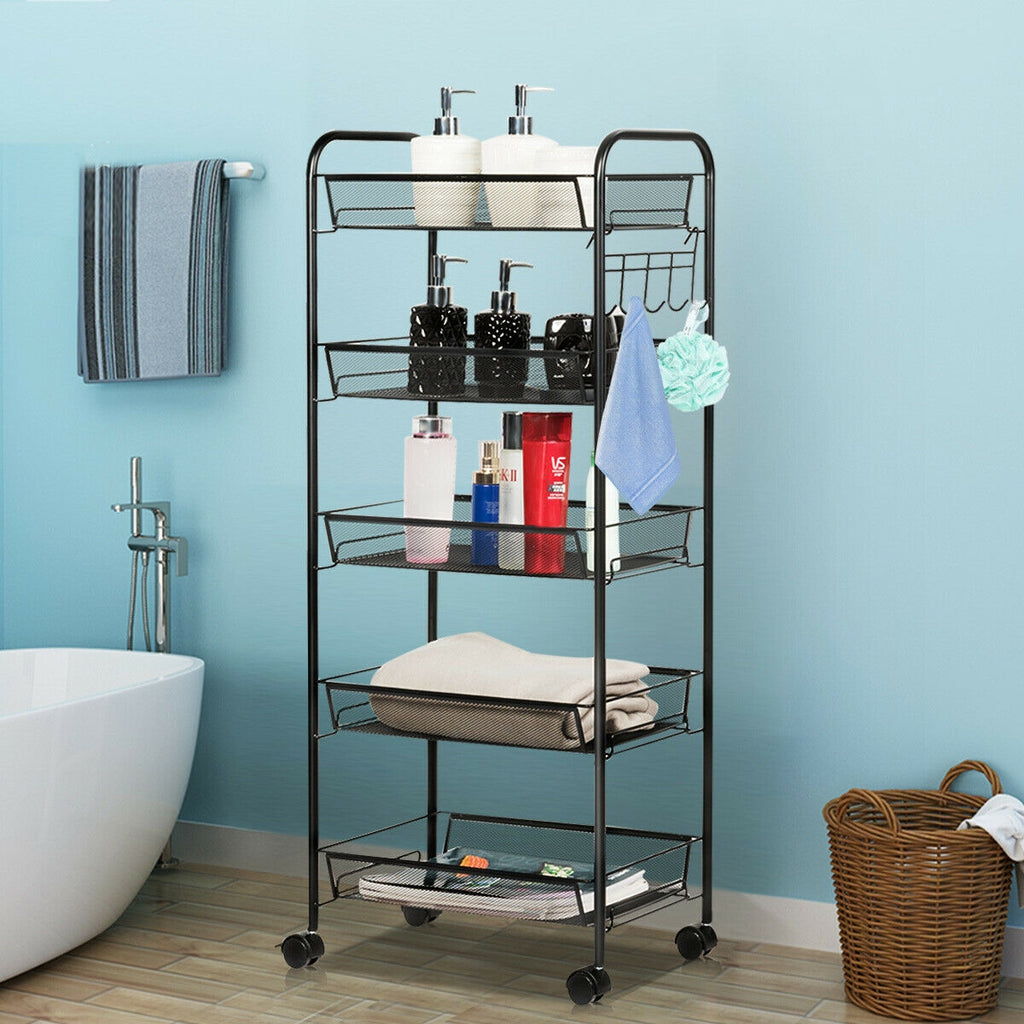 5-Tier Mesh Rolling Cart with Lockable Wheels, Black