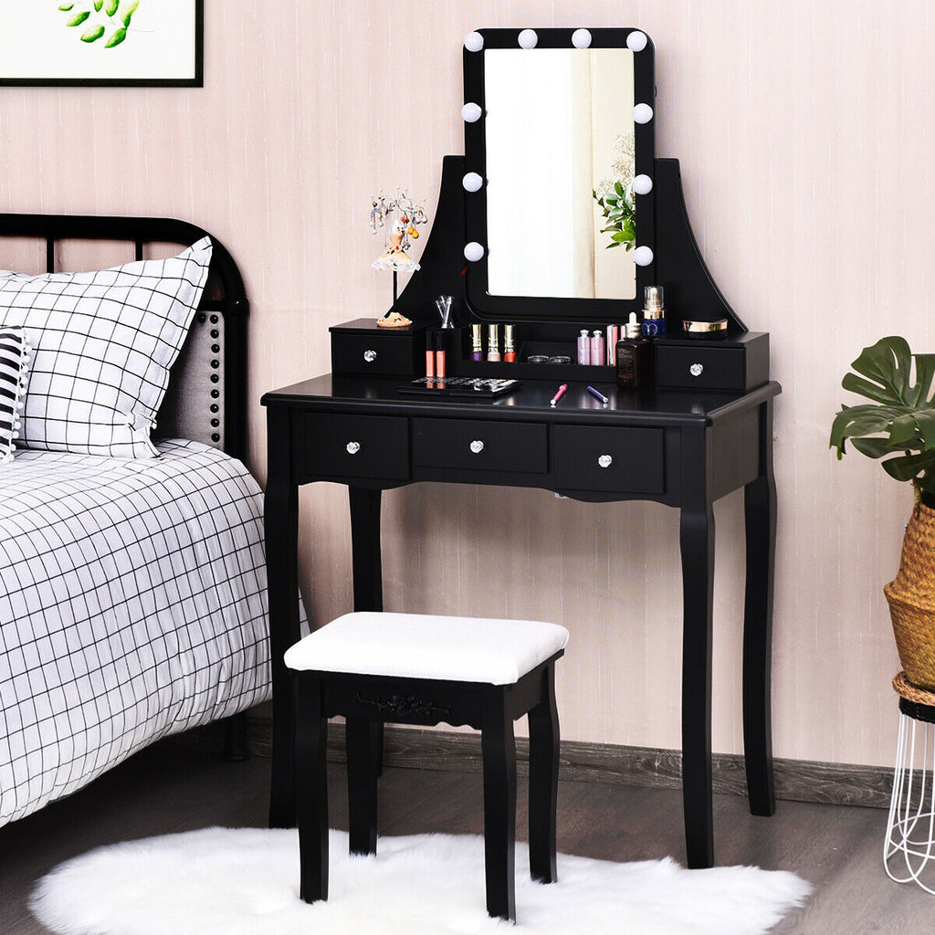 Dressing Table with Lighted Mirror and Stool - Square, Black