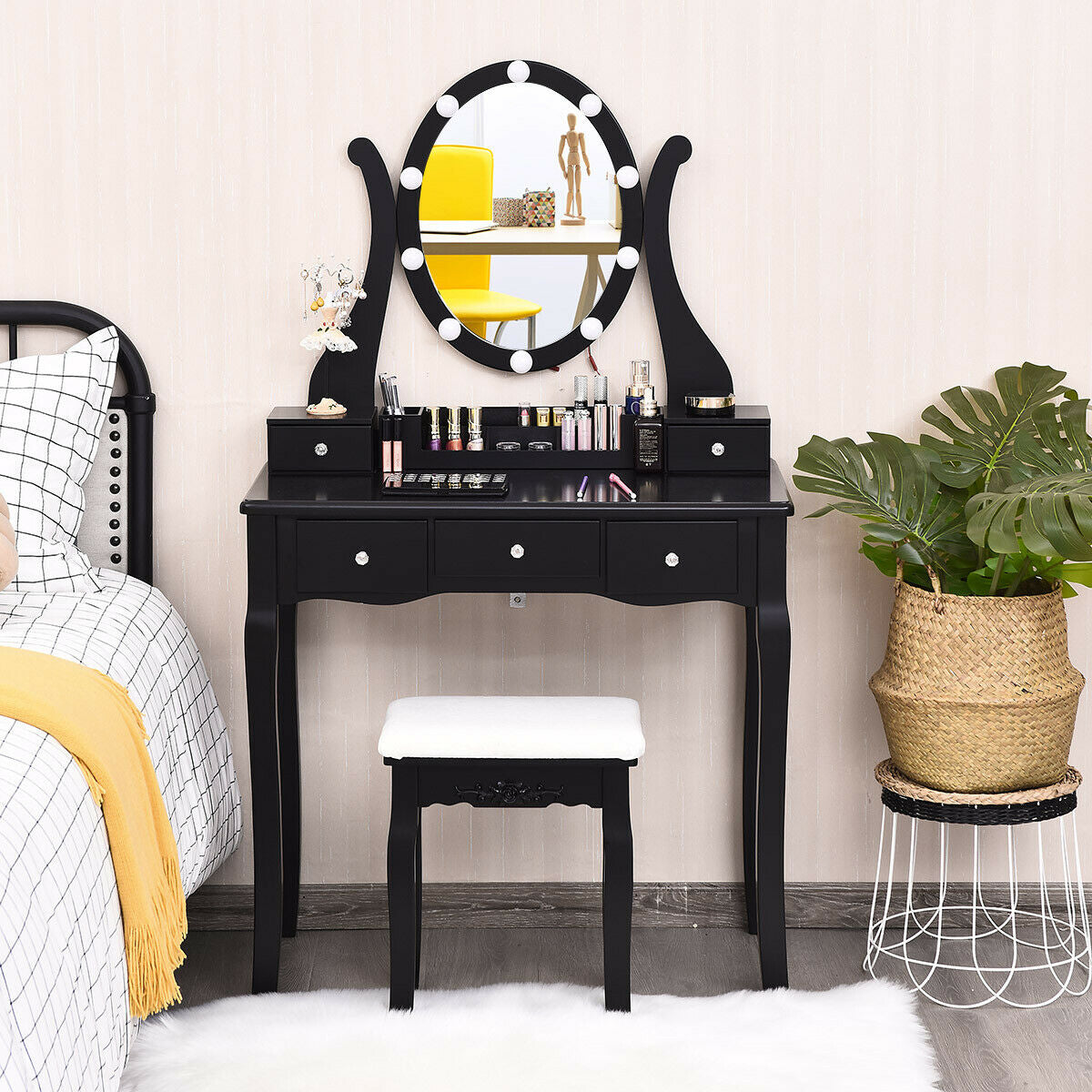 Dimmable Vanity Table with Lighted Mirror and Cushioned Stool, Black