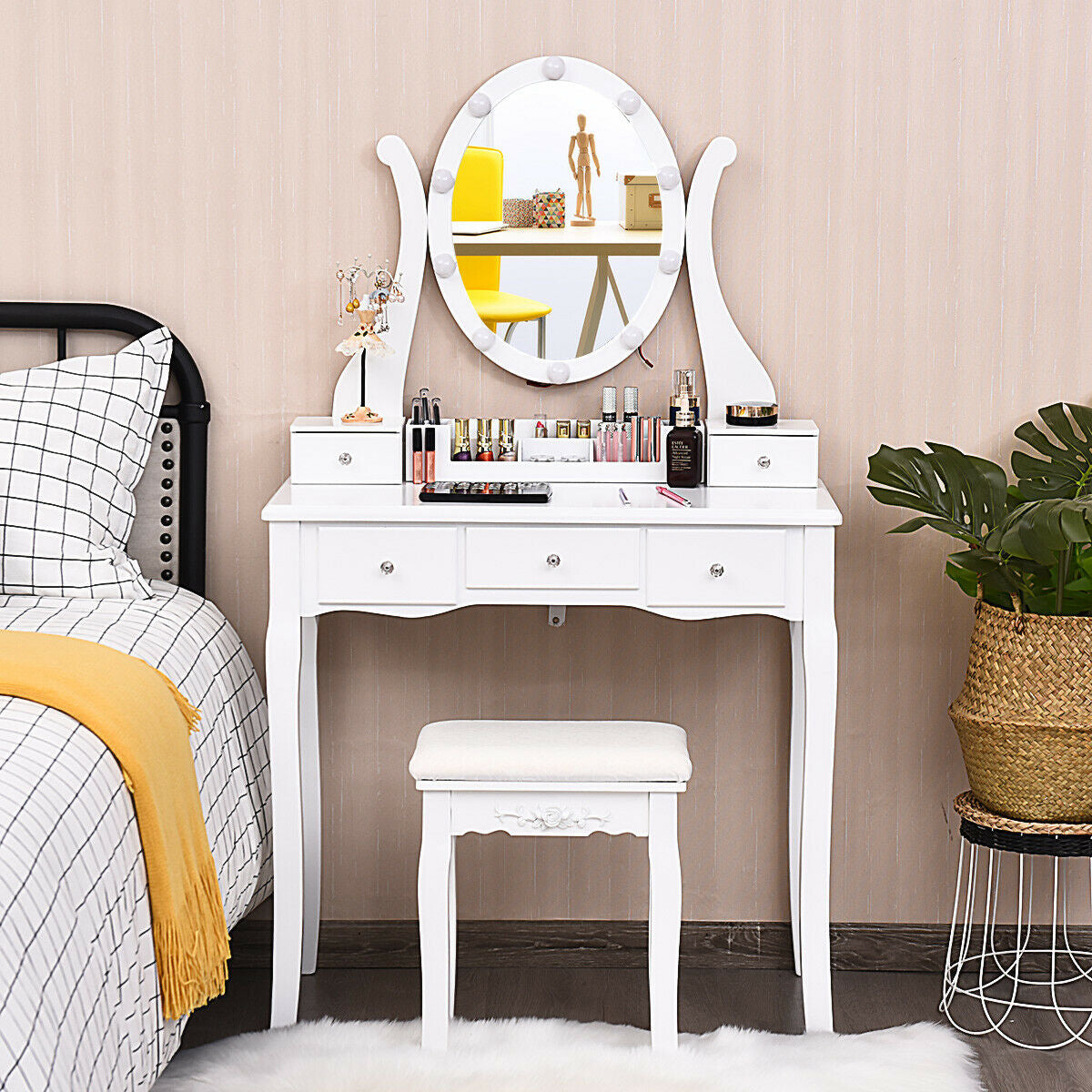 Dimmable Vanity Table Set with Lighted Mirror and Cushioned Stool, White