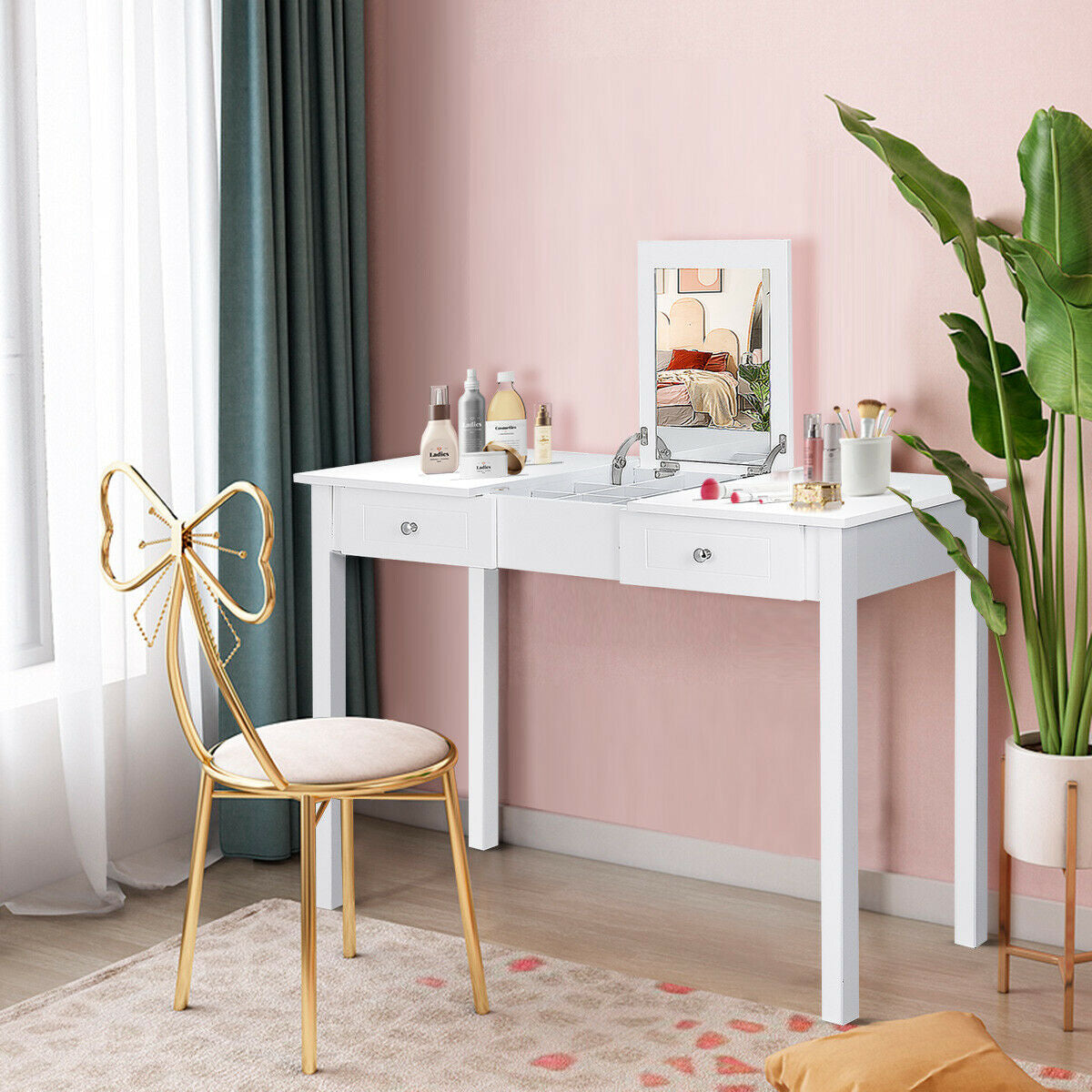 Vanity Dressing Table with Flip Top Mirror and 2 Drawers