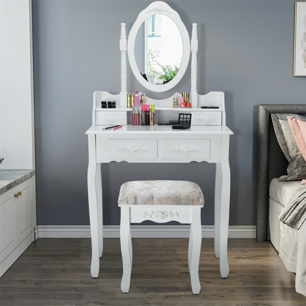 Vanity Table Set with Oval Mirror and 4 Drawers, White