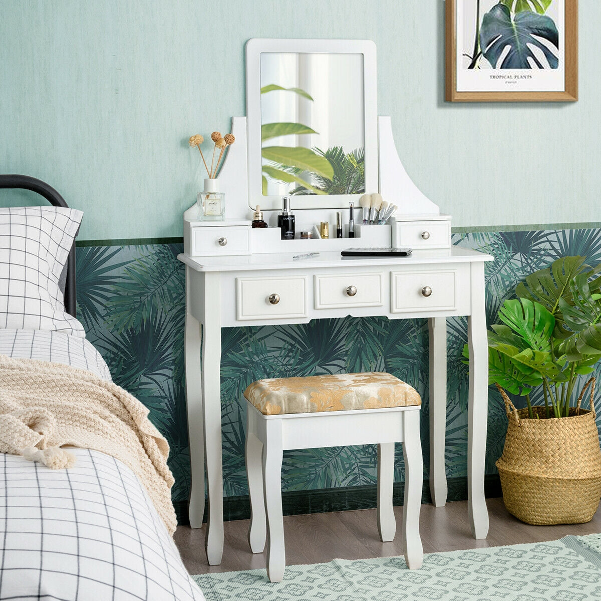 Makeup Vanity Set with Mirror and Cushioned Stool, White