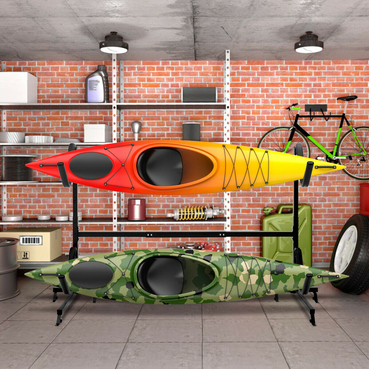 Dual Kayak Storage Rack - Height Adjustable Freestanding Boat Rack with Hooks