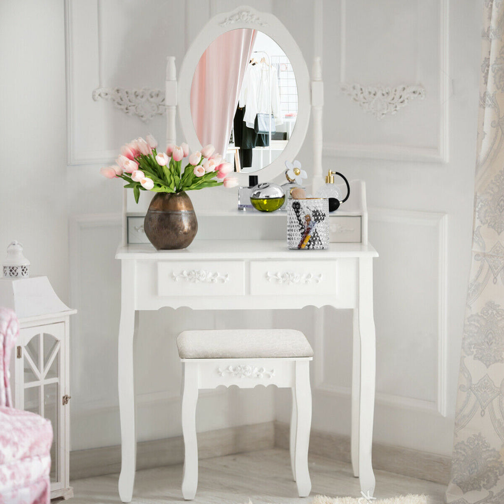 Wood Vanity Table Set with Mirror & Stool - White, 2 Drawers