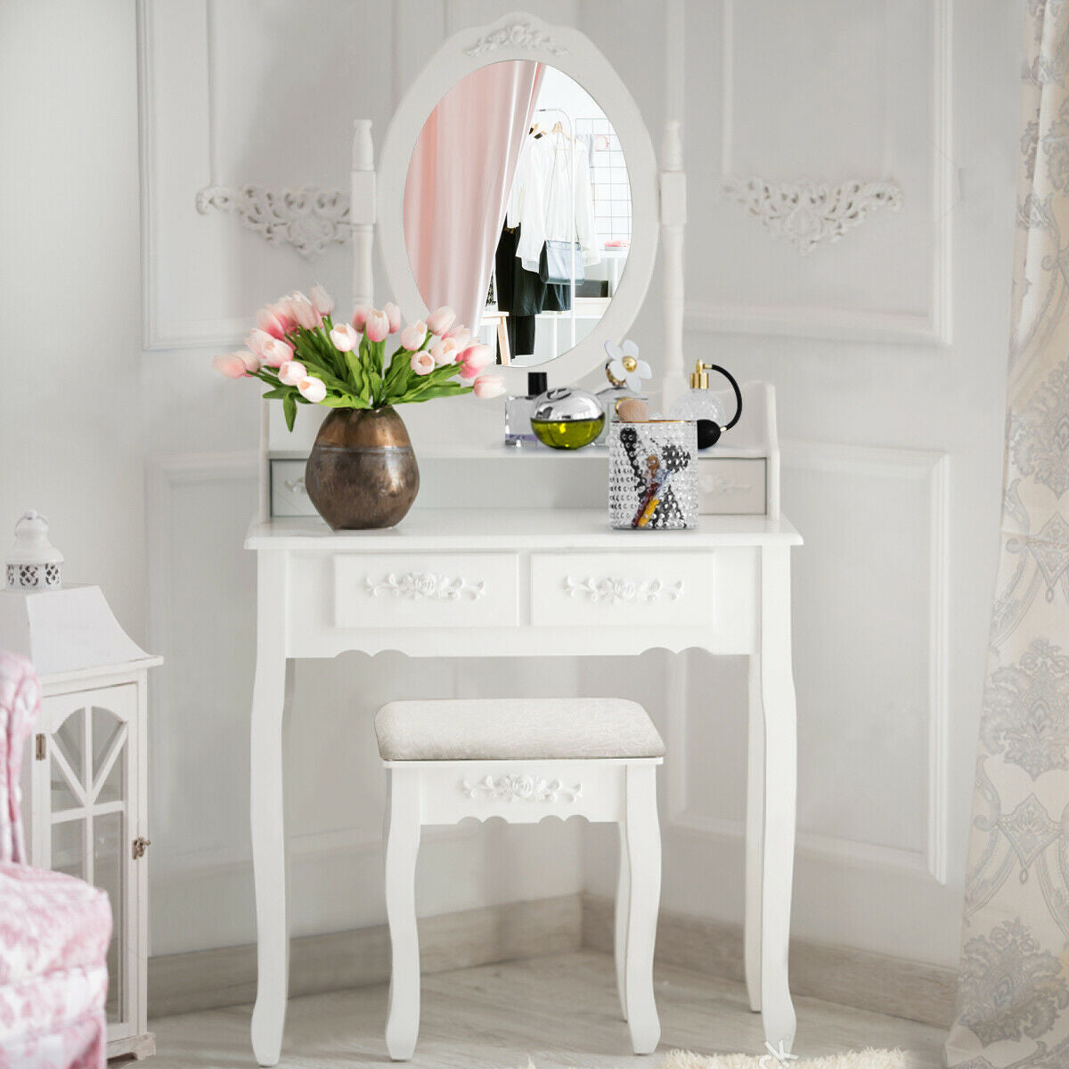 Wood Vanity Table Set with Mirror & Stool - White, 2 Drawers