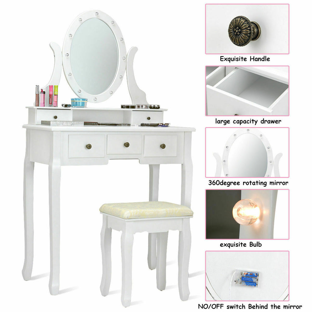 5-Drawer Vanity Table Set with Stool & 12-LED Bulbs, White