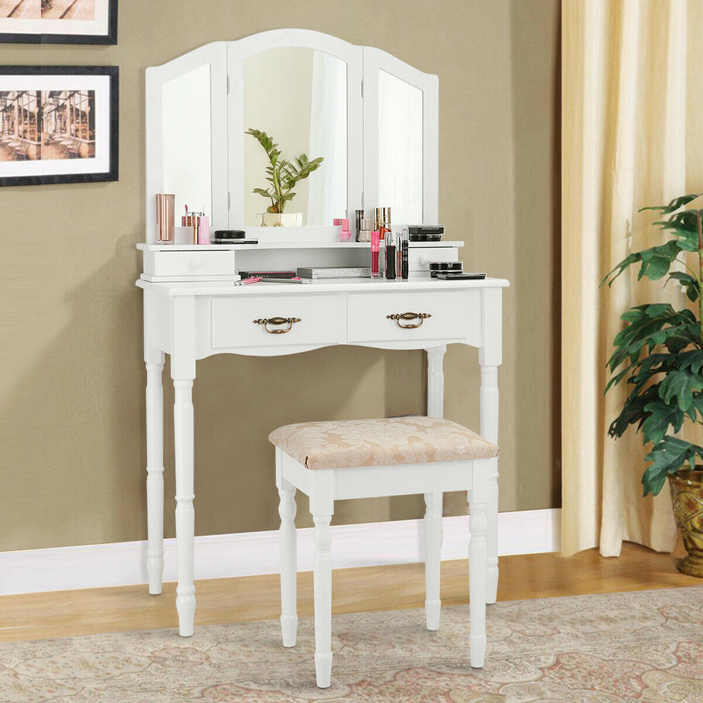 Makeup Vanity Set with Tri-Fold Mirror, 4 Drawers & Stool - White