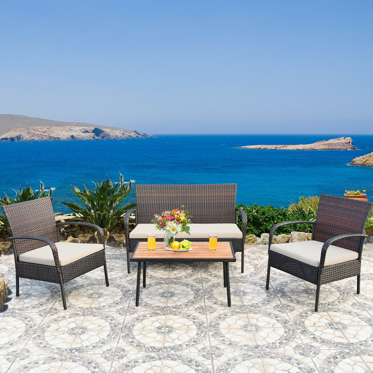 4-Piece Patio Cushioned Wicker Conversation Set with Acacia Wood Tabletop