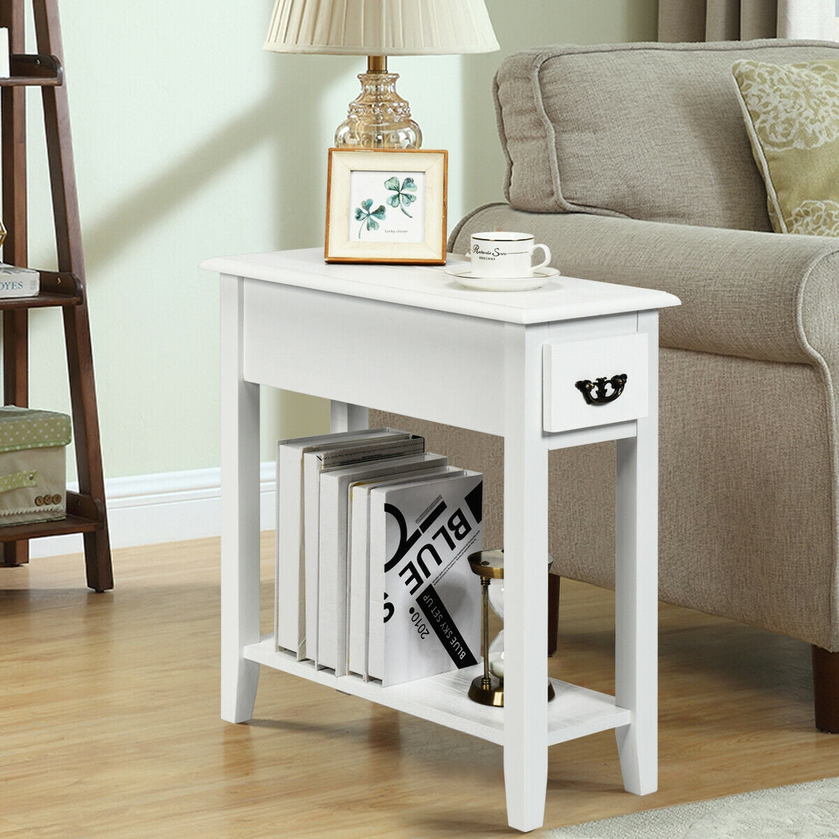 2-Tier Sofa Side Table with Drawer and Open Shelf, Set of 2, White