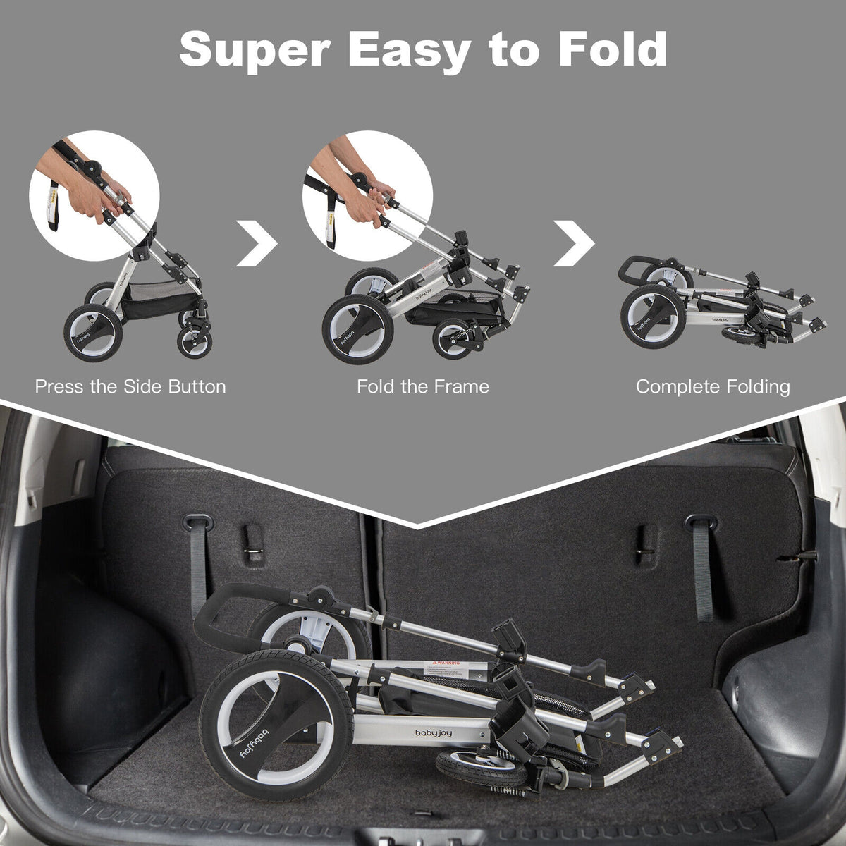 Foldable Aluminum Baby Stroller with Diaper Bag and Cup Holder - Gray