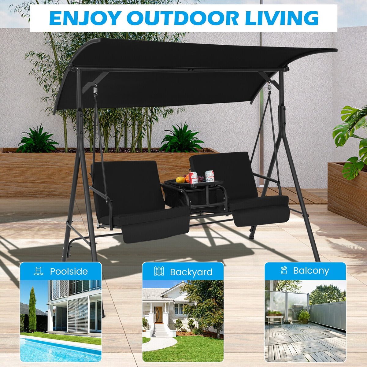 2-Seat Porch Swing with Canopy and Table - Black