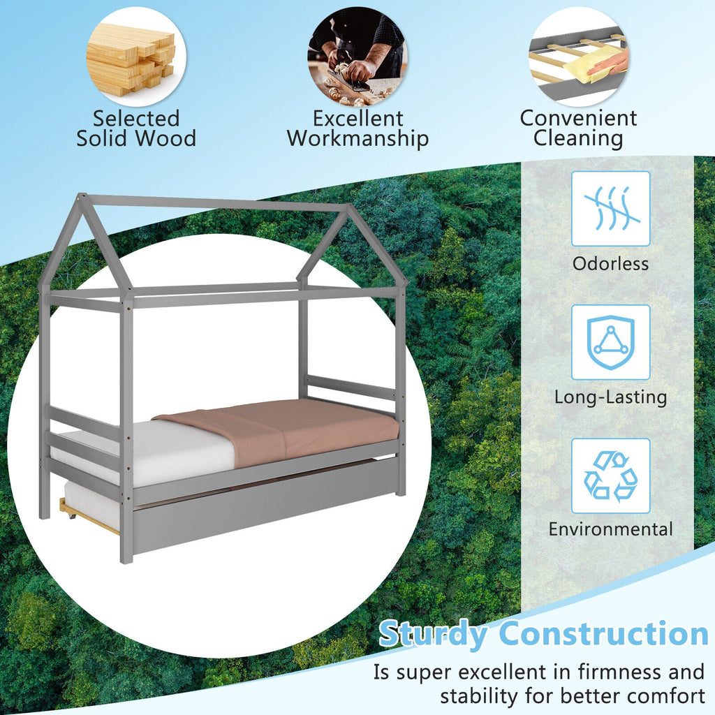 Kids Platform Bed Frame with Roof - Gray