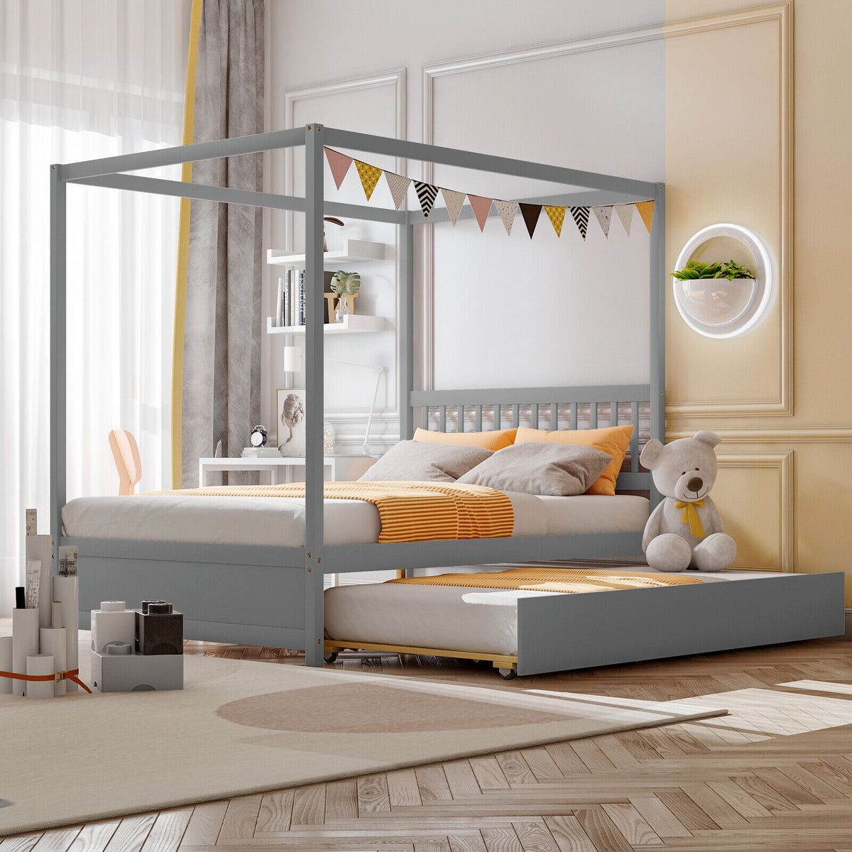 Full Size Canopy Bed Frame with Trundle & Headboard - White