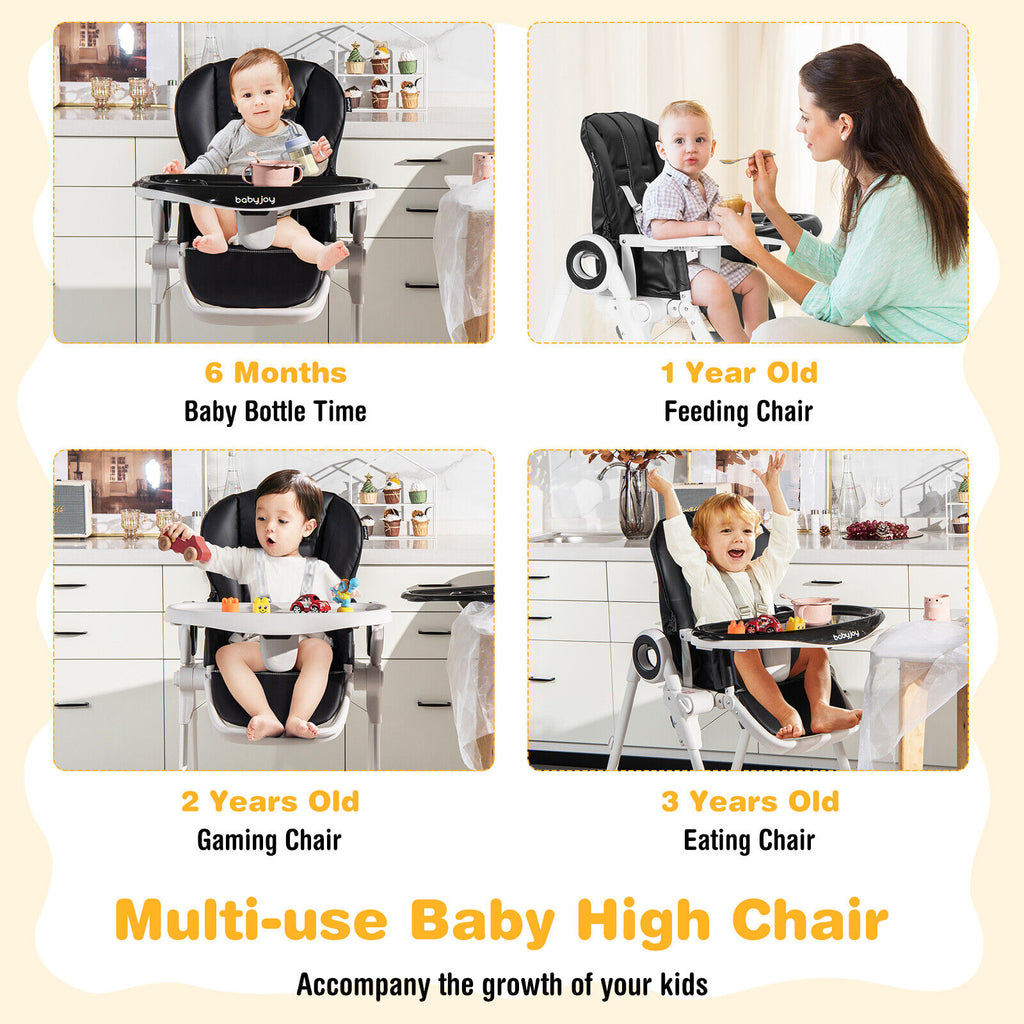 Baby High Chair Foldable Feeding Chair with Lockable Wheels - Black