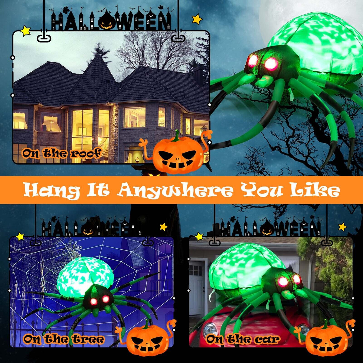 Inflatable Halloween Spider with Cobweb and LED Lights - 3.5 Feet Long Yard Decor