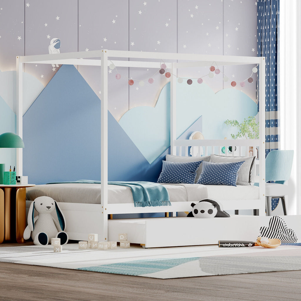 Full Size Canopy Bed Frame with Trundle & Headboard - White