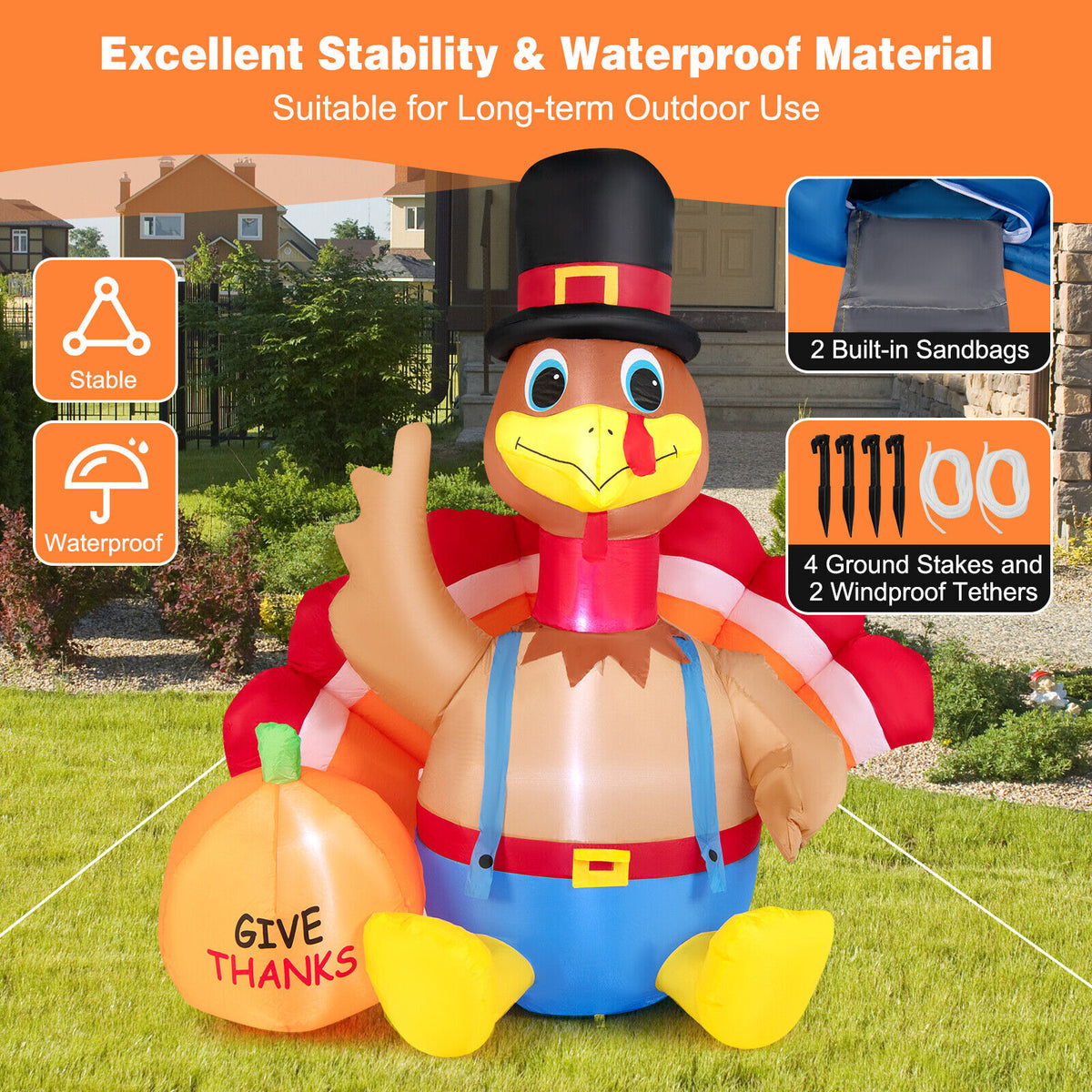 6 Feet Inflatable Thanksgiving Turkey and Pumpkin Yard Decor with Lights