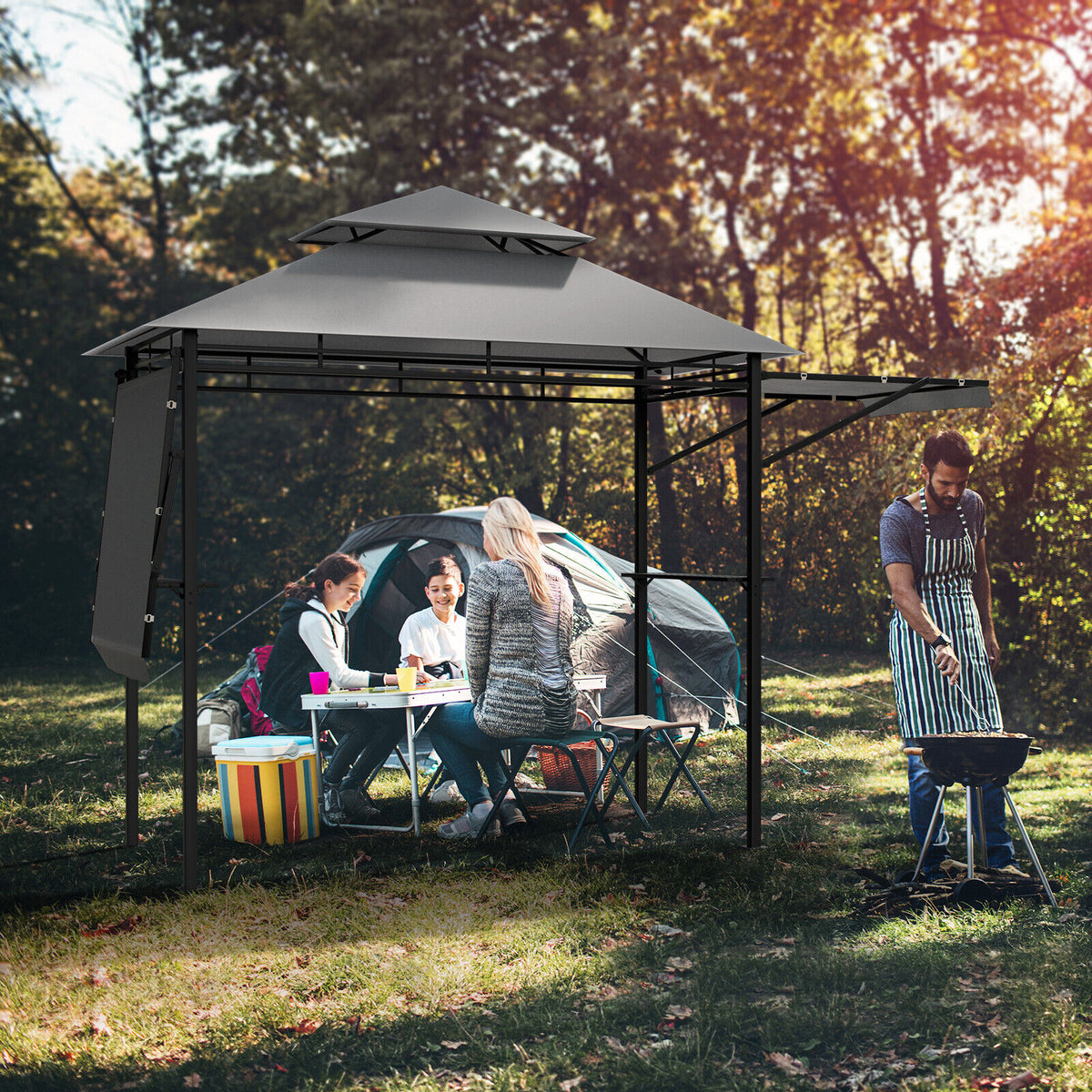 Patio BBQ Grill Gazebo Canopy with Dual Side Awnings, 13.5 x 4 Feet Gray