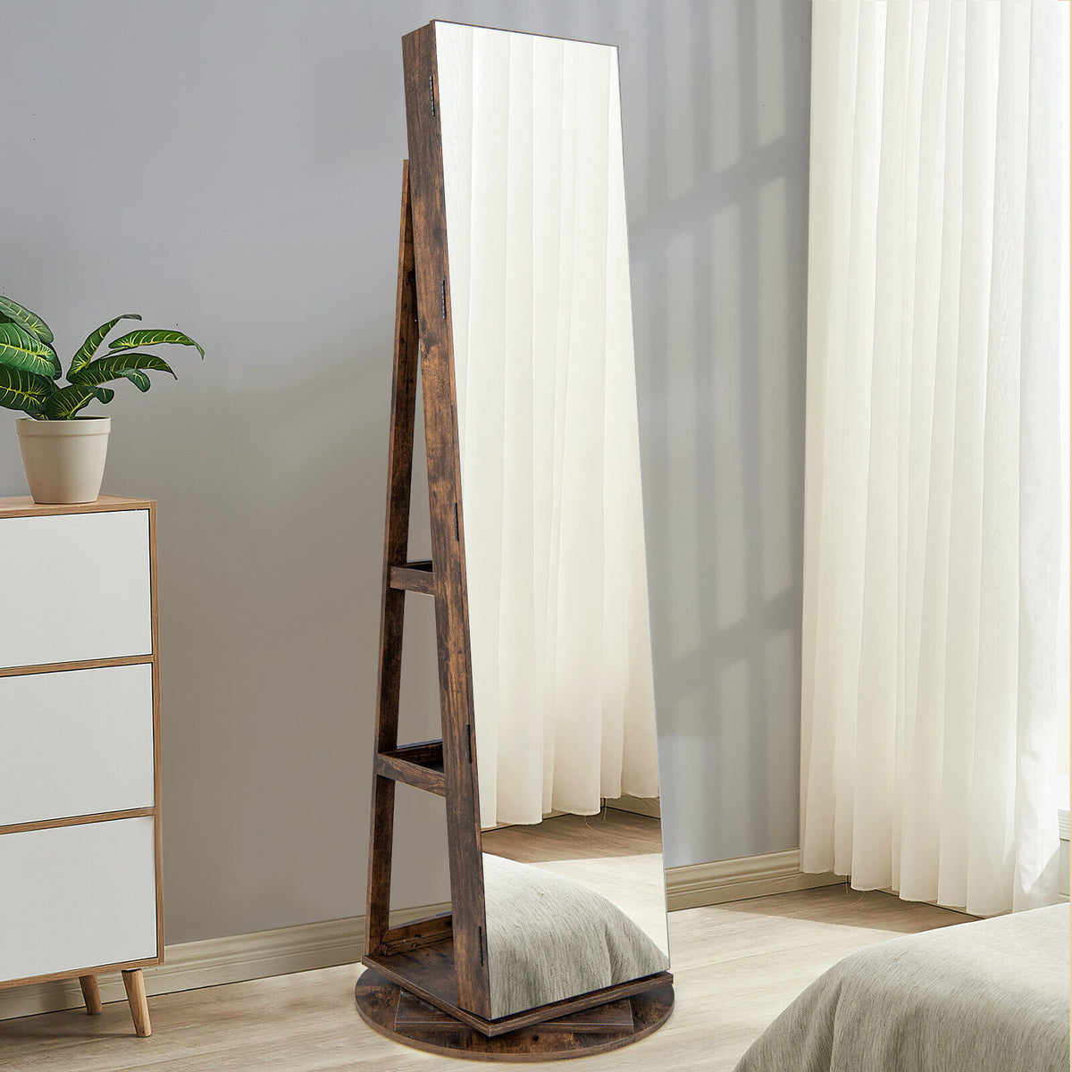 360° Rotating Jewelry Cabinet with Mirror & LED Light - Brown, 5 Shelves