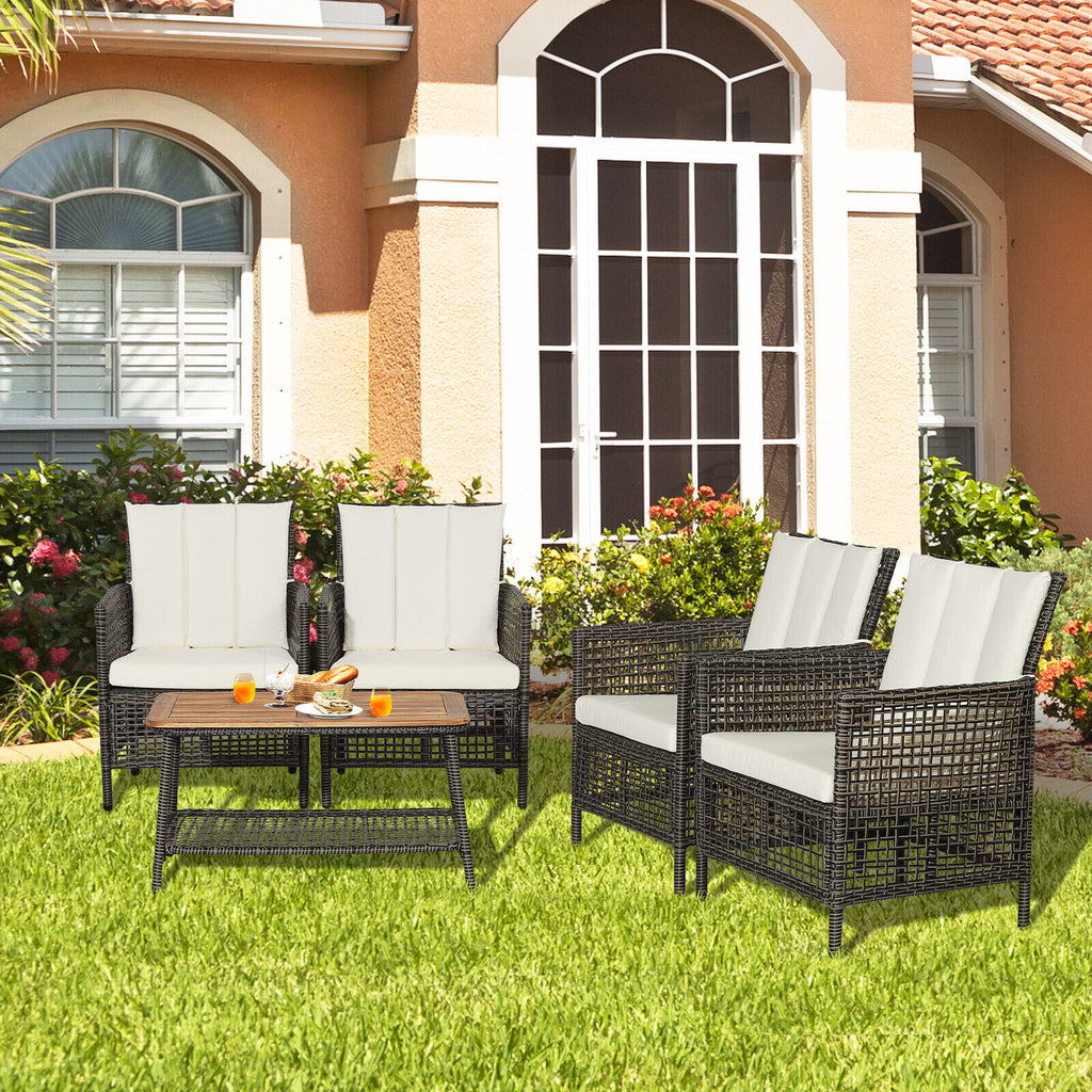 5 Pieces Patio Rattan Furniture Set Cushioned Sofa Armrest Wooden