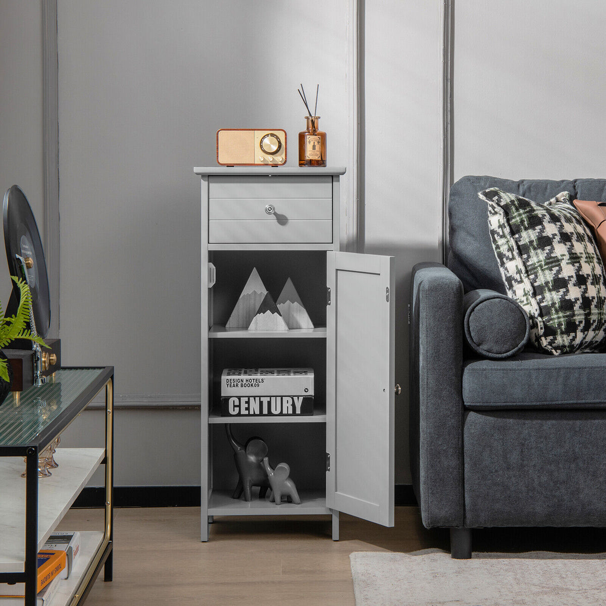 Wooden Bathroom Floor Storage Cabinet with Drawer and Adjustable Shelf