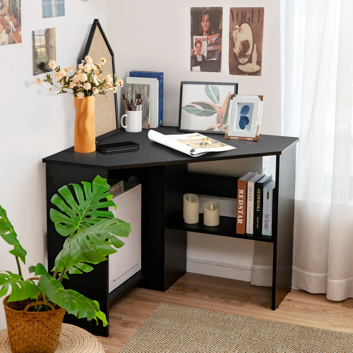 Triangle Corner Computer Desk with Storage Shelf – White