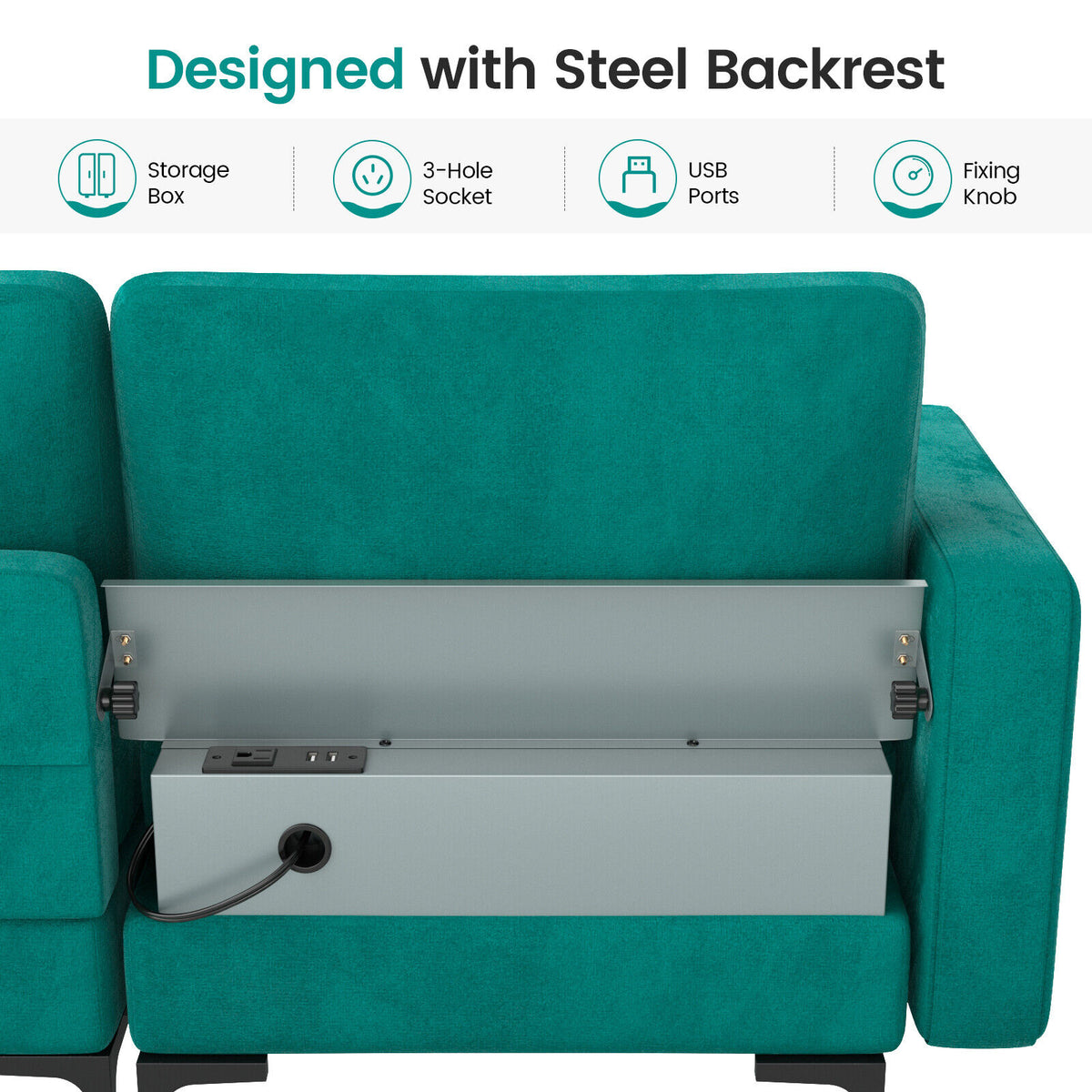 3-Seat Sofa with USB Ports and Storage - Teal