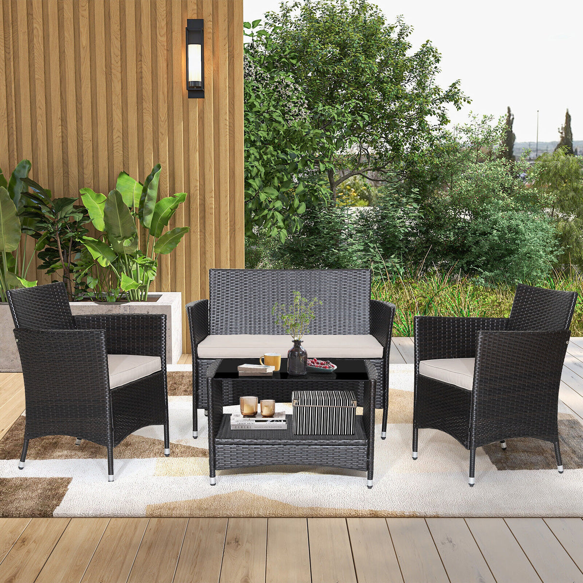 4-Piece Patio Conversation Set with Cushions & Tempered Glass Table