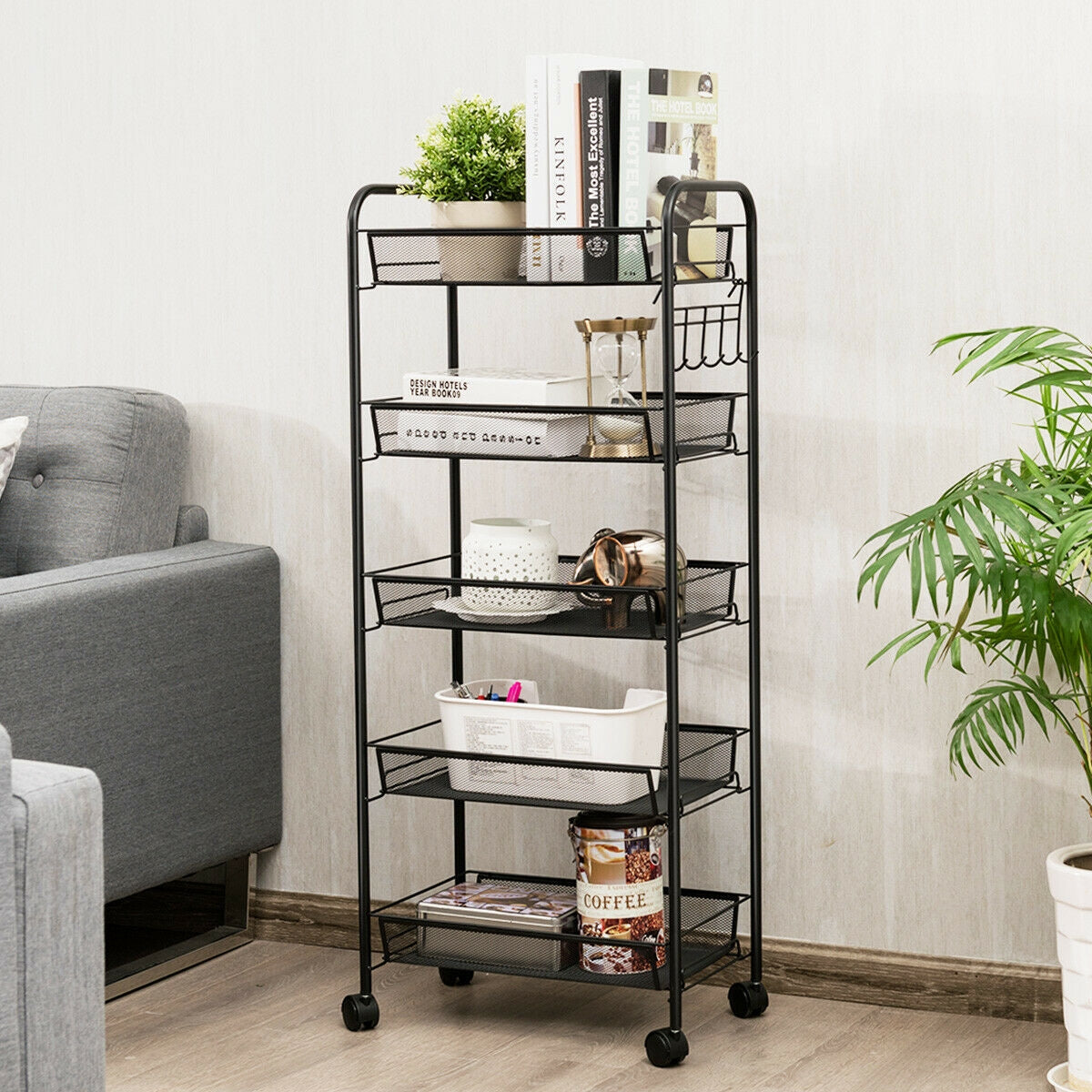 5 Tier Mesh Rolling Cart Storage Basket - Black