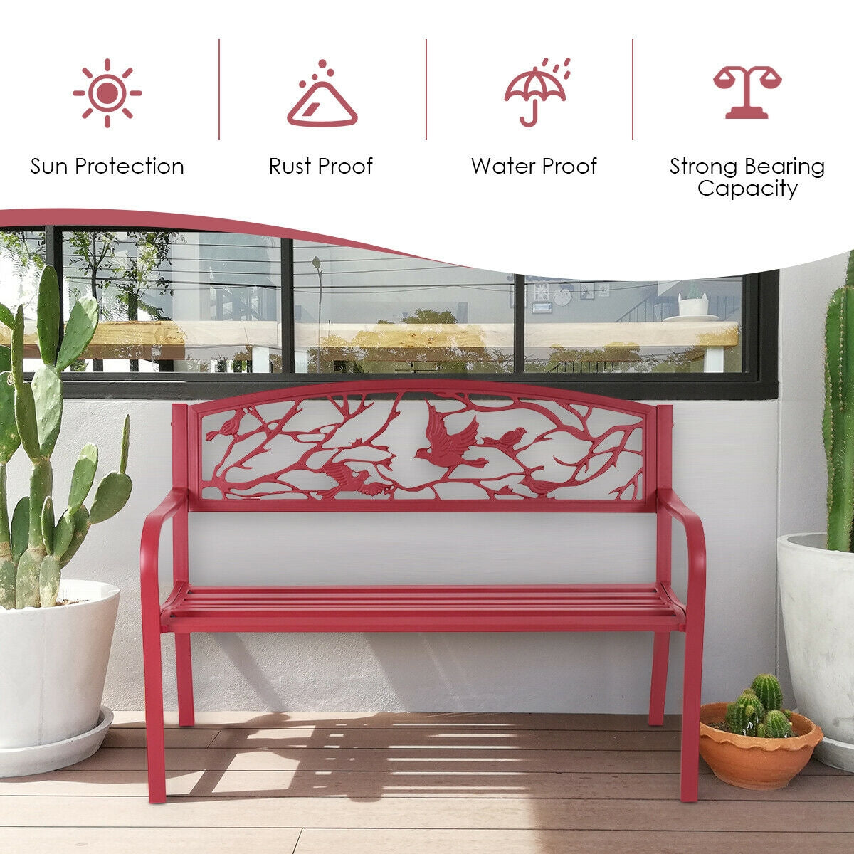 Outdoor Garden Bench with Armrests, Steel Frame - Style 4