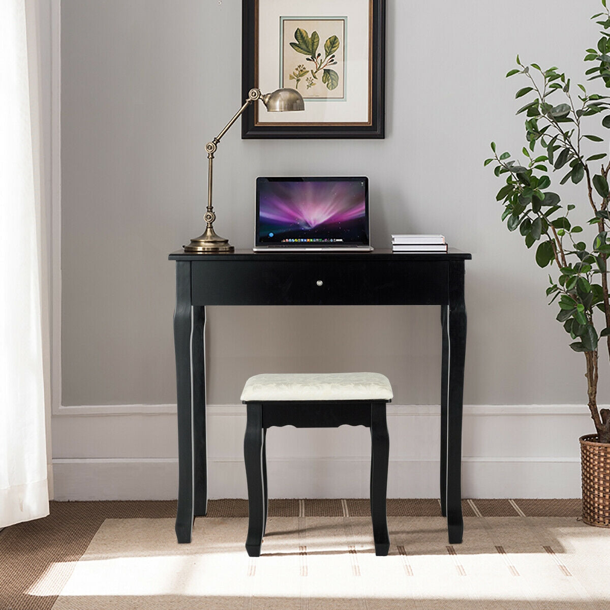 Lighted Dressing Table with 3 Drawers and Stool - Style 2, Black