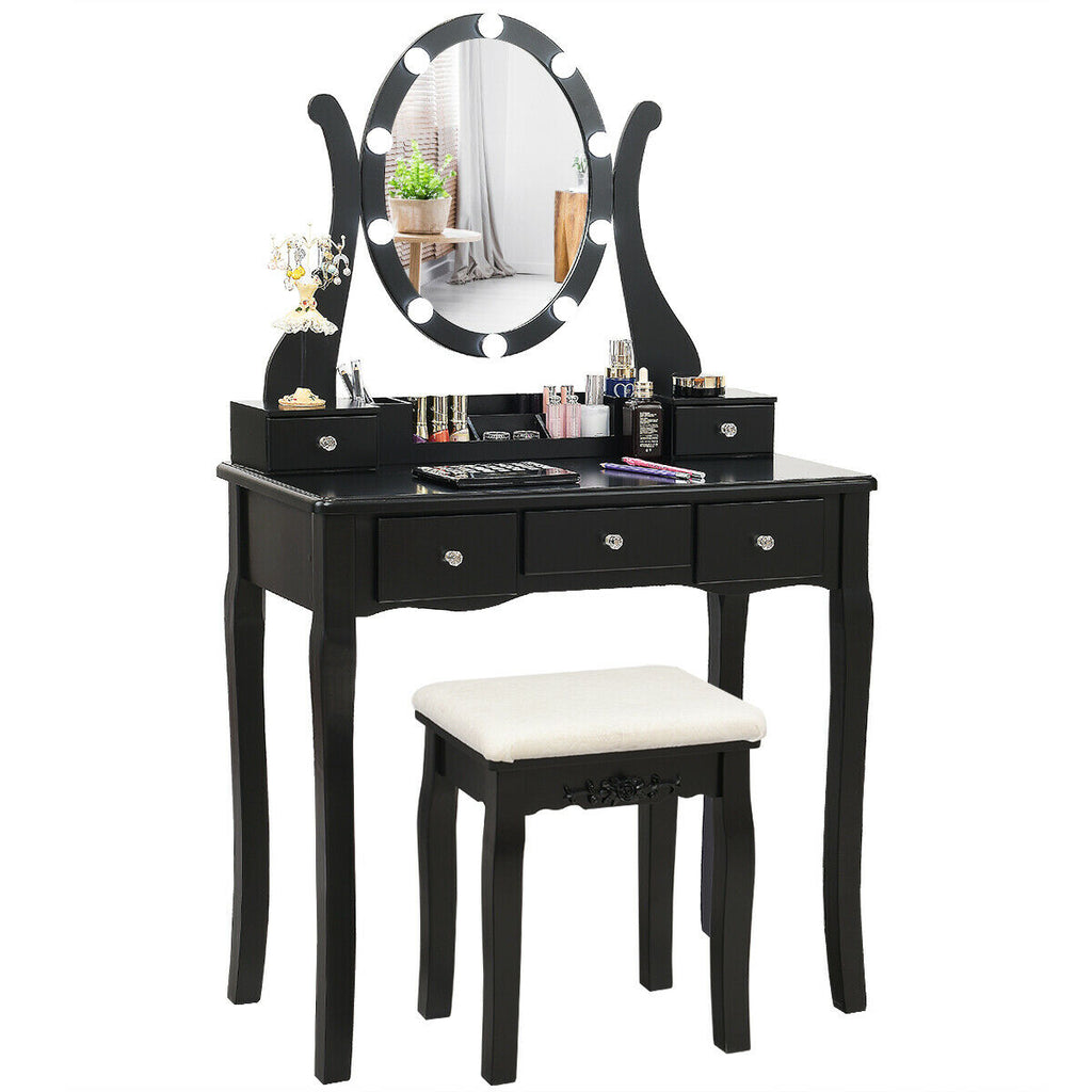 Dimmable Vanity Table with Lighted Mirror and Cushioned Stool, Black