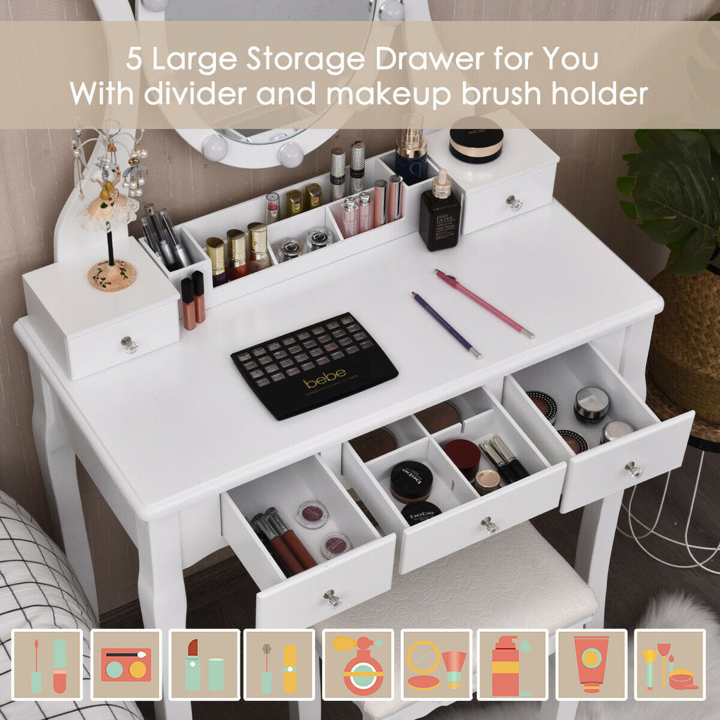 Dimmable Vanity Table Set with Lighted Mirror and Cushioned Stool, White