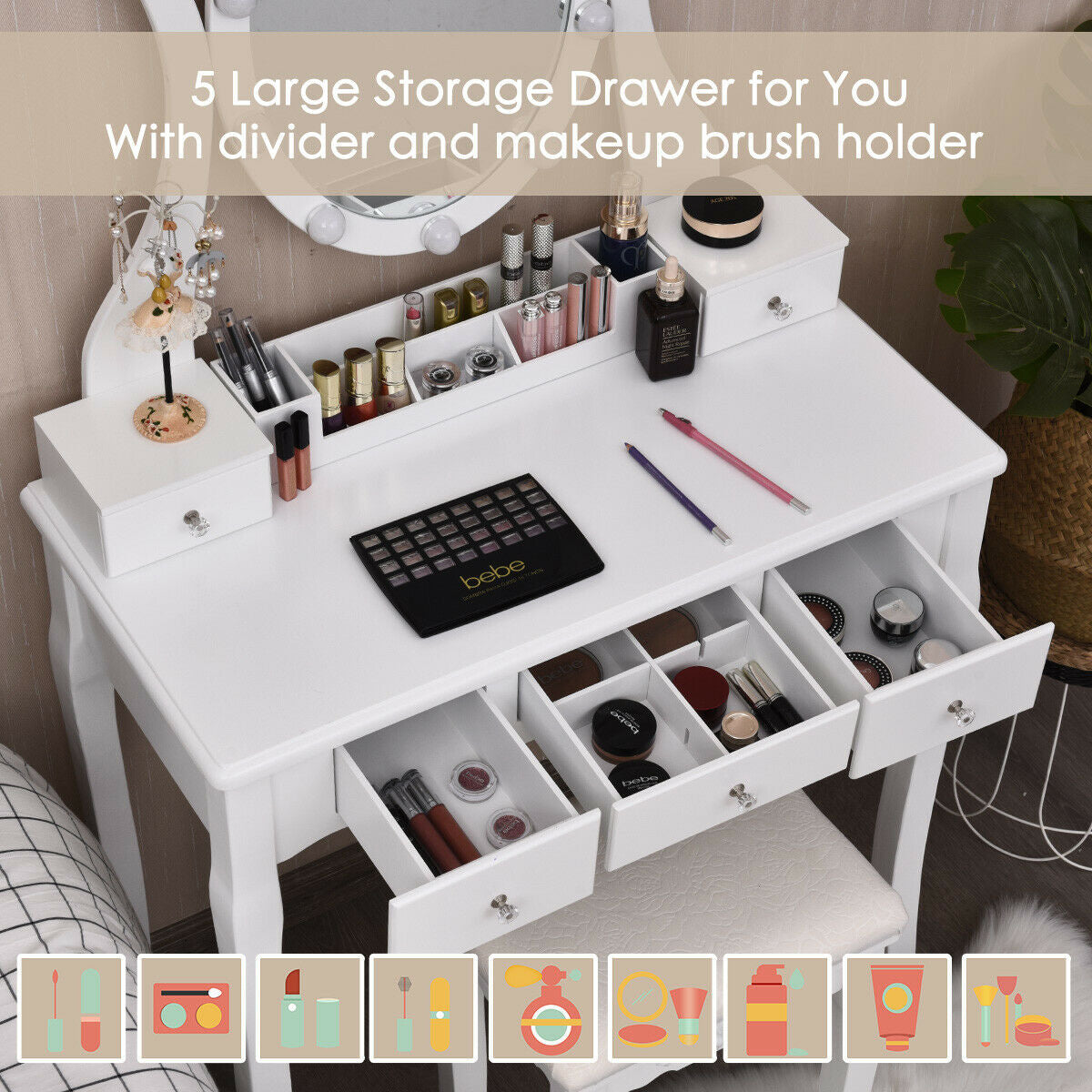 Dimmable Vanity Table Set with Lighted Mirror and Cushioned Stool, White