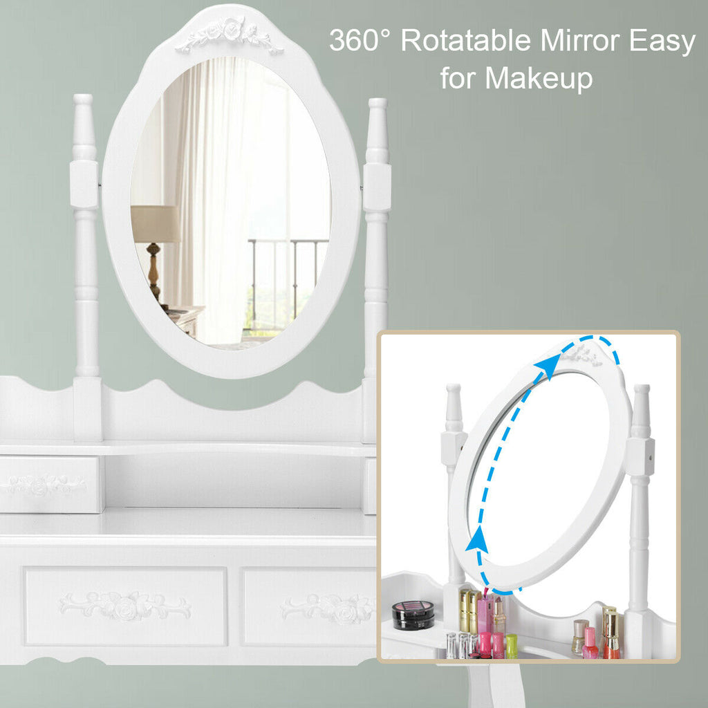 Vanity Table Set with Oval Mirror and 4 Drawers, White