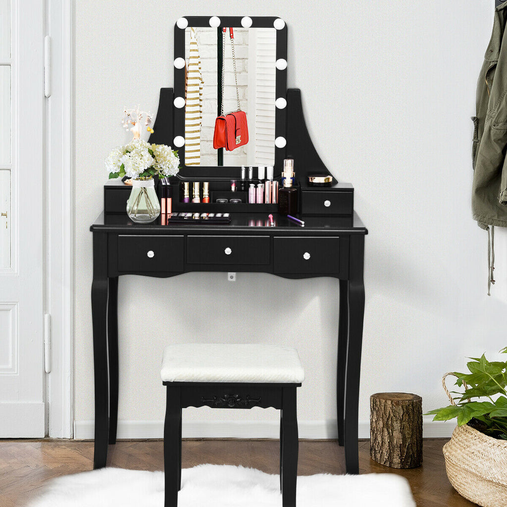 Dressing Table with Lighted Mirror and Stool - Square, Black