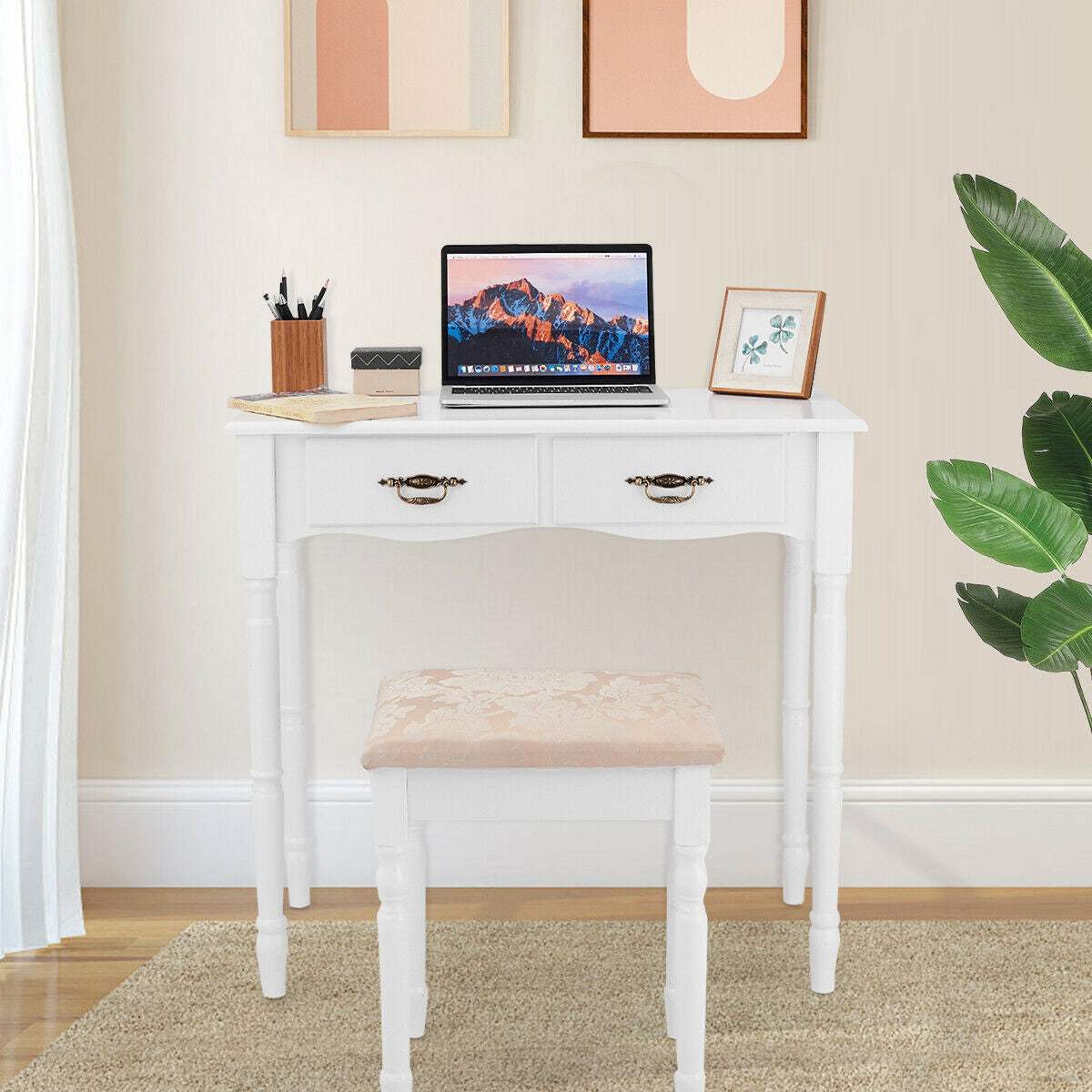 Makeup Vanity Set with Tri-Fold Mirror, 4 Drawers & Stool - White