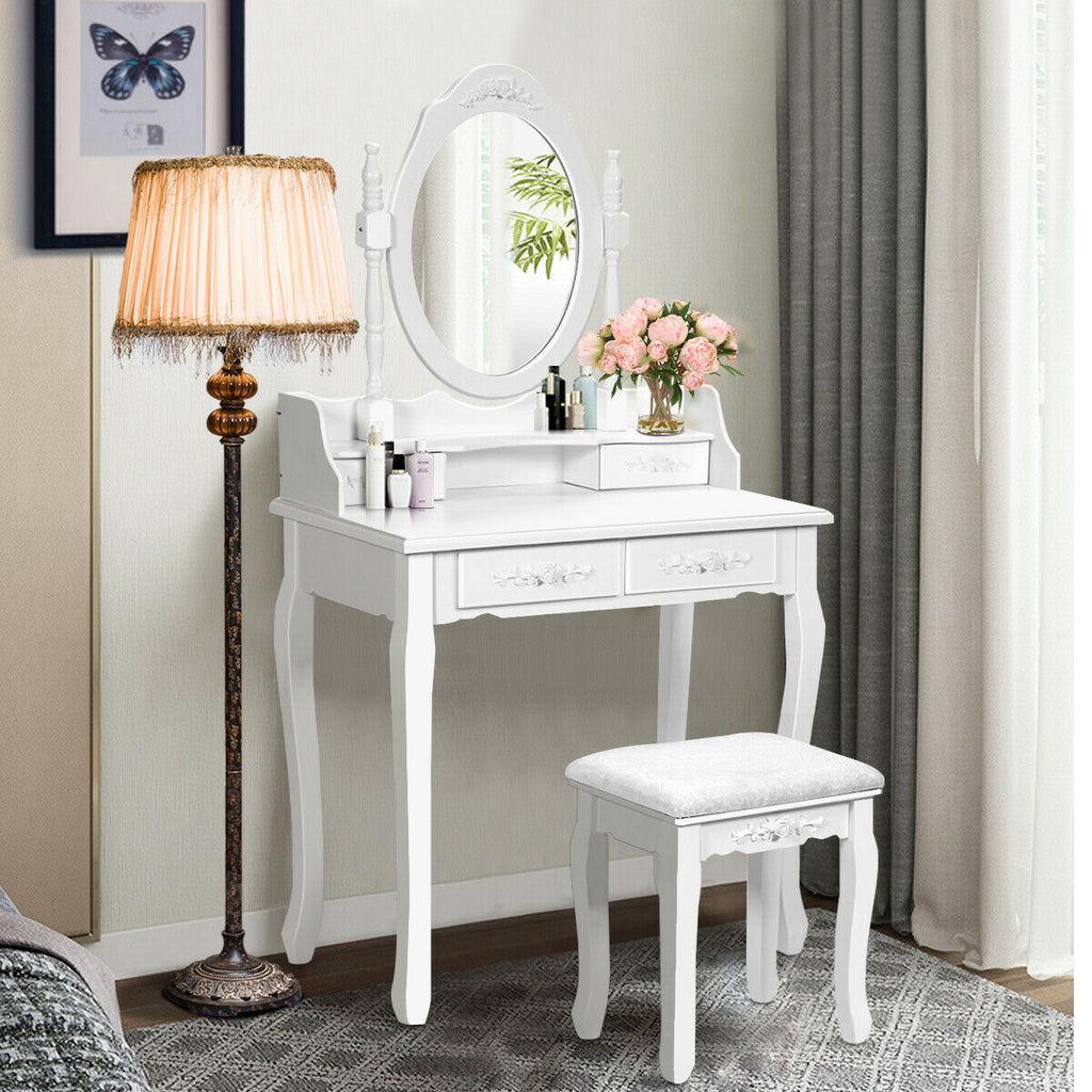 Wood Vanity Table Set with Mirror & Stool - White, 2 Drawers