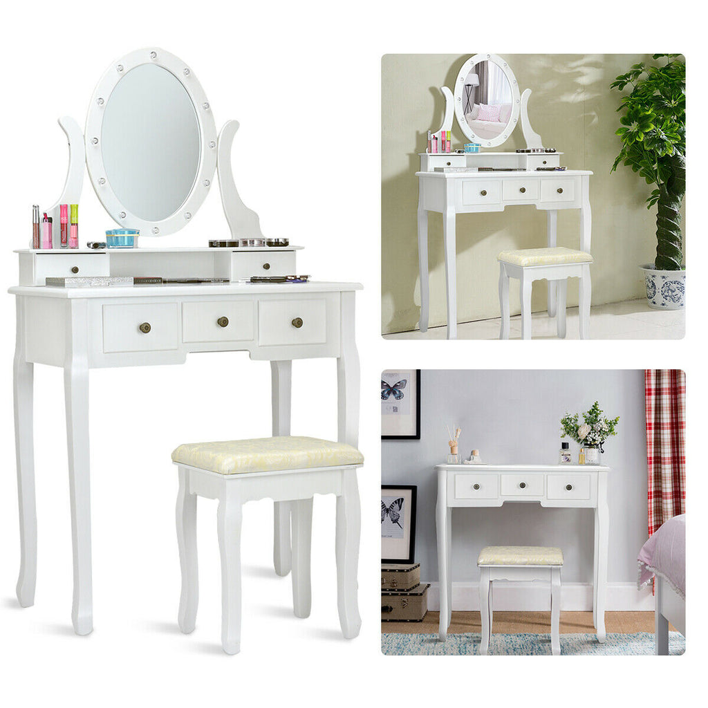 5 Drawer Vanity Table with Stool & 12-LED Mirror - White