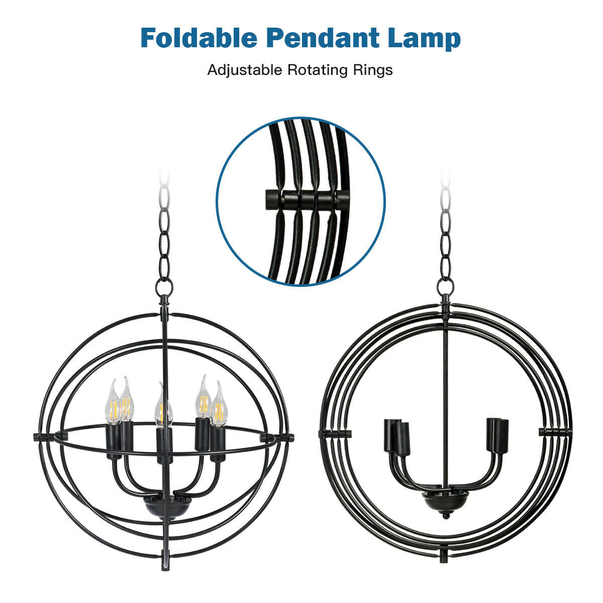 20 Inch Metal Chandelier with Pivoting Interlocking Rings - Industrial Ceiling Light