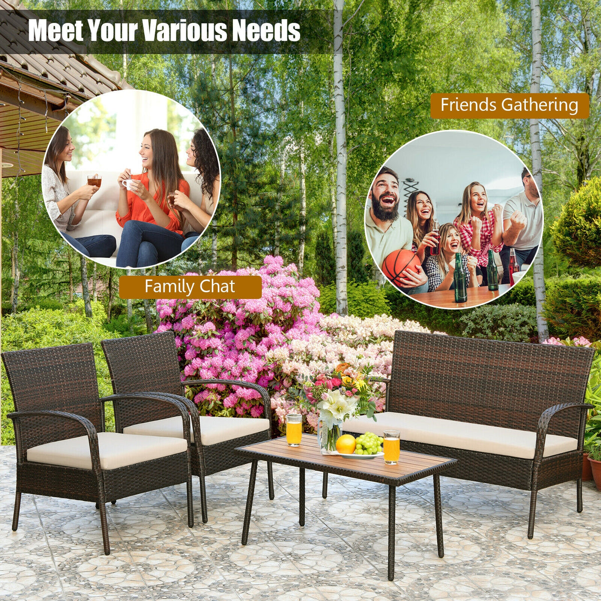 4 Pieces Patio Cushioned Wicker Conversation Set with Acacia Wood