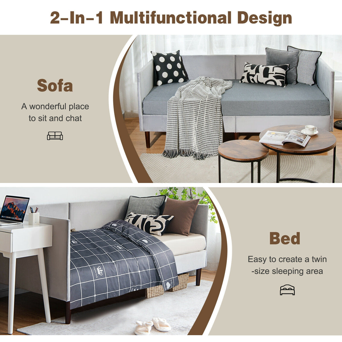 Velvet Twin Daybed Frame with Wood Slat Support – Gray