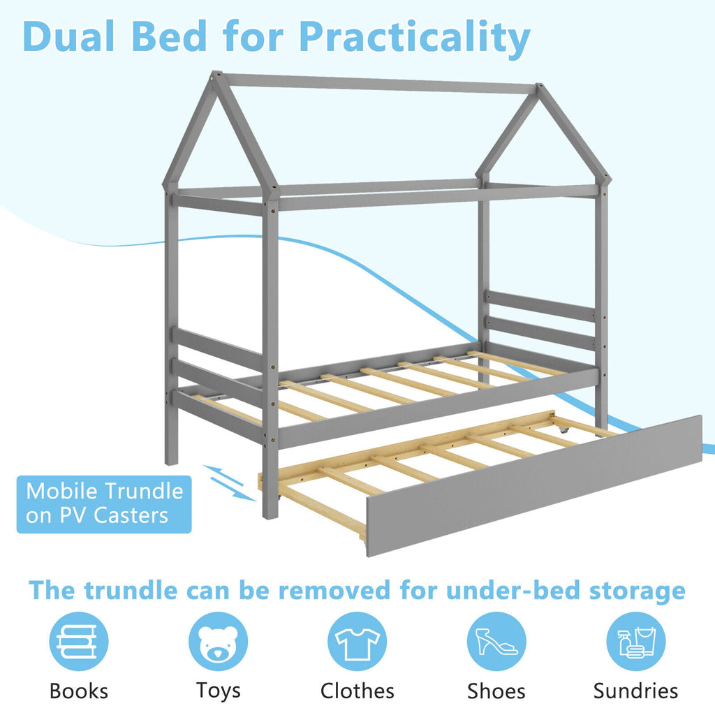 Kids Platform Bed Frame with Roof - Gray