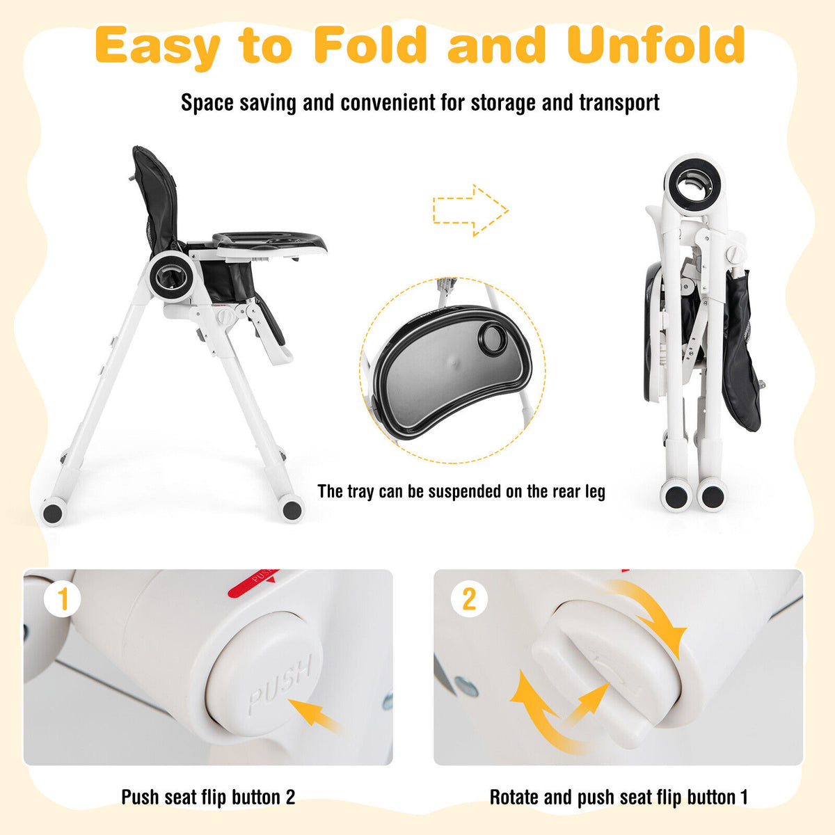 Baby High Chair Foldable Feeding Chair with Lockable Wheels - Black